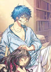 Rule 34 | 1boy, 1girl, age difference, blue eyes, blue hair, book, bookshelf, brown hair, closed eyes, closed mouth, collarbone, commentary request, eyelashes, eyewear strap, facial mark, fate/grand order, fate (series), forehead mark, glasses, hand on another&#039;s head, hans christian andersen (adult) (fate), hans christian andersen (fate), indoors, kamui natsuki, long sleeves, paper, parted bangs, sessyoin kiara, sessyoin kiara (lily), shirt, shorts, sitting, smile, striped clothes, striped shirt, vertical-striped clothes, vertical-striped shirt, white shorts