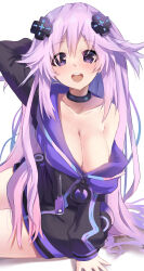 Rule 34 | 1girl, absurdres, adult neptune, arm behind head, bare legs, black choker, black jacket, blush, breasts, choker, cleavage, collarbone, commentary request, d-pad, d-pad hair ornament, hair between eyes, hair ornament, highres, hood, hood down, hooded jacket, jacket, large breasts, long hair, long sleeves, looking at viewer, neptune (series), off shoulder, open mouth, partial commentary, purple eyes, purple hair, shin jigen game neptune vii, simple background, sitting, smile, solo, teeth, upper teeth only, very long hair, white background, wimawi