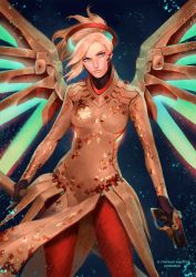 Rule 34 | 1girl, armor, backlighting, blonde hair, blue background, blue eyes, bodysuit, breasts, brown bodysuit, cowboy shot, dual wielding, faulds, fortune mercy, glowing, glowing wings, green wings, gun, halo, handgun, high ponytail, highres, holding, holding gun, holding staff, holding weapon, light particles, lips, looking at viewer, mechanical halo, mechanical wings, medium breasts, mercy (overwatch), nose, official alternate costume, overwatch, overwatch 1, pantyhose, pelvic curtain, pistol, randgris, red pantyhose, solo, staff, weapon, wings