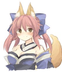 Rule 34 | 10s, 1girl, absurdres, akafuku pukoemon, animal ears, bad id, bad pixiv id, bare shoulders, blush, bow, breasts, cleavage, detached sleeves, fate/extra, fate (series), fox ears, fox tail, hair bow, hair ribbon, highres, japanese clothes, long hair, looking at viewer, pink hair, ribbon, simple background, solo, tail, tamamo (fate), tamamo no mae (fate/extra), twintails, upper body, white background, yellow eyes