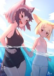 Rule 34 | 2girls, :3, :d, air bubble, akuma (st.takuma), animal ear fluff, animal ears, bare arms, bare shoulders, black hair, blonde hair, blue sky, blunt bangs, breasts, brown eyes, bubble, cloud, commentary, common raccoon (kemono friends), covered navel, day, extra ears, fang, fennec (kemono friends), fox ears, fox girl, fox tail, grey hair, hair between eyes, highres, holding hands, kemono friends, looking at another, looking away, medium breasts, multicolored hair, multiple girls, open mouth, outdoors, partially underwater shot, raccoon ears, raccoon girl, raccoon tail, short hair, sky, small breasts, smile, symbol-only commentary, tail, v-shaped eyebrows, white hair