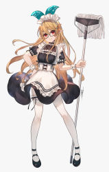 Rule 34 | 1girl, alternate costume, apron, bespectacled, black dress, blonde hair, breasts, contrapposto, dress, enmaided, flower, framed breasts, frilled apron, frills, full body, glasses, green ribbon, hair flower, hair ornament, hair ribbon, hairclip, hand on own hip, highres, holding, holding mop, jun wei, legs, long hair, looking at viewer, maid, maid apron, maid headdress, mary janes, medium breasts, mop, nijisanji, nijisanji en, pointy ears, pomu rainpuff, puffy sleeves, red eyes, ribbon, shoes, signature, smile, solo, standing, thighhighs, virtual youtuber, white background, white thighhighs, wrist cuffs