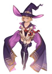 Rule 34 | 10s, 1girl, bad id, bad pixiv id, black footwear, black thighhighs, blonde hair, blush, boots, breasts, brown eyes, closed mouth, clothes lift, collarbone, covering crotch, covering privates, djeeta (granblue fantasy), embarrassed, eyelashes, flying sweatdrops, full body, gloves, granblue fantasy, hanarito, hat, highres, looking at viewer, medium breasts, miniskirt, neckerchief, official style, overskirt, own hands together, pleated skirt, puffy short sleeves, puffy sleeves, purple footwear, purple hat, sailor collar, shirt, short hair, short sleeves, simple background, skirt, skirt lift, skirt tug, smile, solo, sweat, swept bangs, thigh boots, thighhighs, v arms, white background, white gloves, white shirt, wind, wind lift, witch hat