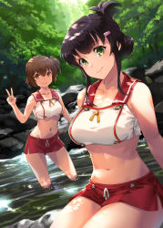 Rule 34 | 2girls, :&gt;, bare shoulders, black hair, blush, breasts, brown eyes, brown hair, closed mouth, collarbone, contrapposto, crop top, day, etou kanami, folded ponytail, forest, green eyes, hair ornament, hairclip, highres, large breasts, looking at viewer, medium breasts, mikel (4hands), miniskirt, multiple girls, nature, navel, one side up, outdoors, red skirt, rock, short hair with long locks, side slit, sidelocks, sitting, skirt, sleeveless, standing, stomach, sunlight, toji no miko, v, wading, water, yanase mai
