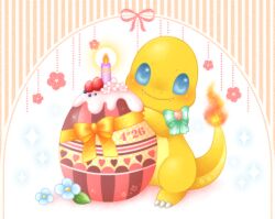Rule 34 | alternate color, blue eyes, bow, candle, charmander, creatures (company), dated, fangs, fire, floral background, flower, food, fruit, game freak, gen 1 pokemon, green bow, hand up, leaf, looking at viewer, nintendo, no humans, pokemon, shiny pokemon, sparkle background, strawberry, striped, ten&#039;on (amane09), vertical stripes
