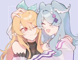 Rule 34 | 2girls, bare shoulders, blonde hair, blue hair, blush, closed eyes, elira pendora, elira pendora (1st costume), face-to-face, hair ornament, hair over one eye, hair ribbon, hand on another&#039;s head, head wings, highres, hug, long hair, looking at another, multiple girls, nijisanji, nijisanji en, one eye closed, open mouth, pointy ears, pomu rainpuff, pomu rainpuff (1st costume), red eyes, ribbon, rzry9, smile, upper body, virtual youtuber, wings, x hair ornament