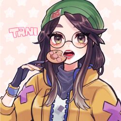 Rule 34 | 1girl, 3bai kaiouken, animification, artist name, beanie, black hair, black sweater, breasts, brown eyes, candy, food, food bite, glasses, green hat, hat, highres, holding, holding candy, holding food, holding lollipop, jacket, killjoy (valorant), lollipop, long hair, looking at viewer, medium breasts, open mouth, orange jacket, parted bangs, pink background, portrait, round eyewear, shirt, solo, star (symbol), star print, sweater, valorant, white shirt