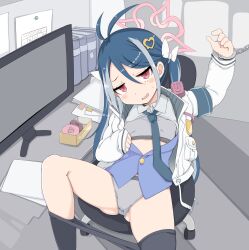 Rule 34 | 1girl, antenna hair, aqua necktie, arm up, armband, black pantyhose, blue archive, blue hair, blue shirt, blue vest, blush, bow, bra, breasts, buttons, chair, clenched hand, clothes pull, collared jacket, collared shirt, computer, cuffs, doughnut, eyelashes, feet out of frame, food, from above, fubuki (blue archive), furrowed brow, grey bra, grey hair, hair between eyes, hair bow, hair ornament, halo, hand up, handcuffs, head tilt, heart, heart hair ornament, highres, indoors, jacket, jitome, knee up, leaning back, long hair, long sleeves, looking at viewer, multicolored hair, necktie, nervous smile, no pants, office, on chair, open clothes, open jacket, open mouth, open shirt, open vest, panties, pantyhose, pantyhose pull, partially unbuttoned, pocket, red eyes, shirt, sidelocks, sitting, sleeves past wrists, slit pupils, small breasts, smile, solo, sports bra, spread legs, streaked hair, sweatdrop, swept bangs, twintails, two-tone hair, underwear, vest, wamu (wamushia), white bow, white jacket, white panties, white shirt
