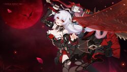 Rule 34 | 1girl, bare shoulders, bat hair ornament, black dress, breasts, chainsaw, chinese commentary, detached sleeves, dress, earrings, flower, hair ornament, highres, holding, holding chainsaw, holding weapon, honkai (series), honkai impact 3rd, jewelry, large breasts, logo, long hair, looking at viewer, low ponytail, theresa apocalypse (luna kindred), official art, official wallpaper, open mouth, petals, red eyes, red flower, red petals, red rose, red theme, rose, solo, theresa apocalypse, theresa apocalypse (lunar vow: crimson love), upper body, weapon, white hair