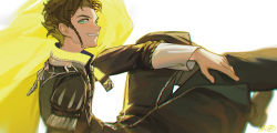 Rule 34 | 1boy, alzi xiaomi, beige pants, black pants, boots, braid, brown hair, cape, chromatic aberration, claude von riegan, collar, commentary request, dark skin, dark-skinned male, eyebrows, fire emblem, fire emblem: three houses, from side, garreg mach monastery uniform, green eyes, highres, crossed legs, long sleeves, looking at viewer, male focus, nintendo, pants, parted lips, short hair, side braid, signature, simple background, sitting, smile, solo, teeth, white background, yellow cape