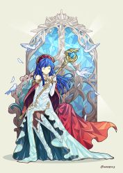 Rule 34 | 1girl, ane-suisei, bird, blue hair, cape, closed eyes, closed mouth, dress, feathers, fire emblem, fire emblem: the binding blade, full body, hat, holding, holding staff, lilina (fire emblem), long hair, nintendo, red hat, sitting, smile, solo, staff, twitter username