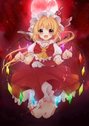 Rule 34 | 1girl, ascot, blonde hair, female focus, flandre scarlet, full moon, hat, hat ribbon, jumping, looking at viewer, miiiiiiii, mob cap, moon, open mouth, puffy sleeves, red eyes, red moon, ribbon, shirt, short sleeves, side ponytail, skirt, skirt set, smile, solo, touhou, vest, wings, wrist cuffs