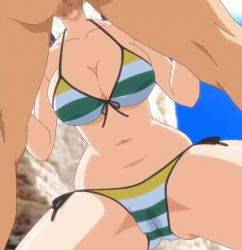 Rule 34 | 10s, 1boy, 1girl, animated, animated gif, beach, bikini, black hair, bouncing breasts, breasts, censored, curvy, third-party edit, eroge! h mo game mo kaihatsu zanmai, fellatio, from below, front-tie top, hetero, kosaka iori, large breasts, navel, oral, panties, stitched, swimsuit, third-party edit, twintails, underwear, wet, wet clothes, wet panties