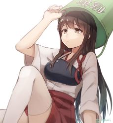 Rule 34 | 10s, 1girl, akagi (kancolle), blush, brown eyes, brown hair, bucket, bucket on head, japanese clothes, kantai collection, long hair, muneate, object on head, solo, tomari (veryberry00), translation request, twitter username