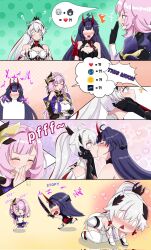 Rule 34 | 3girls, 5koma, ?, all fours, angry, bare shoulders, black hair, blush, breasts, chibi, cleavage, comic, couple, cross, cross earrings, earrings, electricity, elysia (honkai impact), elysia (miss pink elf) (honkai impact), embarrassed, english text, eyebrows hidden by hair, hair intakes, hand up, heart, highres, honkai (series), honkai impact 3rd, horns, jewelry, kiana kaslana, kiana kaslana (herrscher of flamescion), kiss, kudayunii, laughing, long hair, looking at another, medium breasts, multicolored hair, multiple girls, naughty face, o o, open mouth, pink hair, ponytail, raiden mei, raiden mei (herrscher of thunder), red hair, running, saliva, shy, smile, speech bubble, standing, straight hair, surprised, talking, two-tone hair, upper body, very long hair, white hair, wide-eyed, yuri