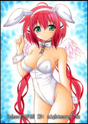 Rule 34 | 1girl, animal ears, bare legs, bow, bowtie, breasts, chain, cleavage, collar, covered erect nipples, fake animal ears, ikaros, long hair, medium breasts, nightmare77zx, playboy bunny, rabbit ears, red hair, solo, sora no otoshimono, wings, wrist cuffs