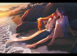 Rule 34 | 2girls, barefoot, beach, breasts, brown hair, collarbone, commentary request, completely nude, feet, green eyes, green hair, hand on another&#039;s thigh, hirokima, holding another&#039;s hair, letterboxed, long hair, mermaid, monster girl, multiple girls, nude, orange hair, original, outdoors, ponytail, rock, scales, scenery, shirt, sunset, tree, water, waves, webbed hands, white shirt, yuri