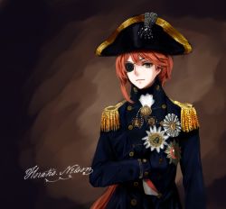 Rule 34 | 1girl, amputee, badge, black hat, blue jacket, brown background, buttons, closed mouth, epaulettes, eyepatch, hair between eyes, hair over shoulder, hand up, hat, high collar, highres, horatio nelson, jacket, light smile, looking at viewer, military, military uniform, name connection, nelson (warship girls r), one eye covered, real life, red hair, signature, simple background, solo, tricorne, tuziki sang, uniform, upper body, warship girls r, yellow eyes