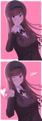 Rule 34 | 1girl, absurdres, amagami, blowing kiss, blue eyes, blush, bow, brown hair, drill hair, hair bow, heart, highres, looking at viewer, morishima haruka, one eye closed, open mouth, school uniform, solo, wink
