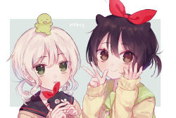 Rule 34 | 2girls, animal ears, bad id, bad pixiv id, black sailor collar, blush, brown eyes, brown hair, cardigan, closed mouth, commentary, green background, green eyes, green neckwear, green sailor collar, hair between eyes, hair ribbon, hands up, highres, holding, korean text, licking, long sleeves, multiple girls, on head, original, poyo (shwjdddms249), red ribbon, ribbon, sailor collar, school uniform, serafuku, silver hair, sleeves past wrists, smile, symbol-only commentary, tongue, tongue out, translation request, two-tone background, white background, yellow cardigan