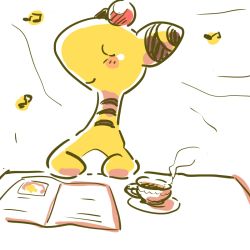 Rule 34 | ampharos, blush, blush stickers, book, closed mouth, creatures (company), cup, drink, closed eyes, forehead jewel, game freak, gen 2 pokemon, happy, musical note, nintendo, no humans, open book, pokemon, pokemon (creature), saucer, simple background, sitting, sketch, smile, steam, table, tansho, tea, teacup, upper body, white background