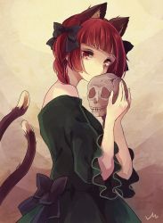 Rule 34 | 1girl, animal ears, bare shoulders, black bow, blunt bangs, bow, braid, breasts, cat ears, cat tail, dress, green dress, hair bow, highres, holding, holding skull, kaenbyou rin, m (neteitai10), medium breasts, multiple tails, red eyes, short hair with long locks, skull, solo, tail, touhou, twin braids, two tails, wide sleeves