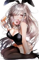 Rule 34 | 1girl, absurdres, alternate costume, animal ears, azur lane, bare shoulders, black leotard, black thighhighs, blush, breasts, cleavage, collar, detached collar, doughnut, dunkerque (azur lane), fake animal ears, fang, fishnet thighhighs, fishnets, floating hair, food, food in mouth, frilled collar, frills, full body, hair ornament, hairclip, heart, heart in eye, high heels, highres, holding, holding food, large breasts, leotard, long hair, looking at viewer, nail polish, one eye covered, playboy bunny, pomu (pomu me), rabbit ears, rabbit tail, red eyes, red nails, sidelocks, simple background, sitting, solo, swept bangs, symbol in eye, tail, thighhighs, thighs, wariza, white background, wrist cuffs