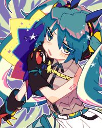 Rule 34 | 1girl, aqua hair, belt, black gloves, blue belt, blush, collared shirt, commentary request, creatures (company), double bun, dragon miku (project voltage), fake horns, game freak, gloves, grey hair, grey shirt, hair between eyes, hair bun, hand up, hatsune miku, highres, holding, holding poke ball, horns, long hair, looking at viewer, multicolored hair, nintendo, notamaru 2, open mouth, outline, poke ball, poke ball (basic), pokemon, project voltage, shirt, shoulder tattoo, solo, star (symbol), tattoo, twintails, very long hair, vocaloid, white outline