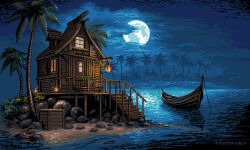 Rule 34 | boat, crate, house, moon, night, no humans, ocean, original, palm tree, pixel art, scenery, stairs, tree, trustpixels, watercraft