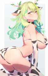 Rule 34 | 1girl, animal ears, animal print, antlers, ass, bare shoulders, bikini, braid, braided bangs, branch, breasts, brown eyes, ceres fauna, choker, cow ears, cow print, cow print bikini, cow print gloves, cow print thighhighs, elbow gloves, fake animal ears, getto, gloves, highres, hololive, hololive english, horns, large breasts, long hair, looking at viewer, mole, mole under eye, print bikini, print gloves, print thighhighs, solo, swimsuit, thighhighs, virtual youtuber