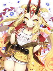 Rule 34 | 1girl, alternate hairstyle, beads, black thighhighs, blonde hair, byulzzi, cream, earrings, facial mark, fang, fang out, fate/grand order, fate (series), food, fruit, horns, ibaraki douji (fate), japanese clothes, jewelry, kimono, kiwi (fruit), long hair, looking at viewer, one-piece swimsuit, oni, oni horns, pointy ears, prayer beads, rope, school swimsuit, skindentation, smile, solo, strawberry, swimsuit, tattoo, thighhighs, white school swimsuit, white one-piece swimsuit, yellow eyes