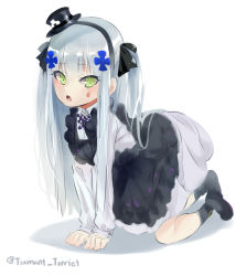 Rule 34 | 1girl, absurdres, all fours, bad id, bad pixiv id, black socks, blue hair, blush, bow, bowtie, facial mark, girls&#039; frontline, green eyes, hair ribbon, hairband, hat, highres, hk416 (black kitty&#039;s gift) (girls&#039; frontline), hk416 (girls&#039; frontline), long hair, mary janes, official alternate costume, open mouth, revision, ribbon, shoes, side ponytail, sleeves past wrists, socks, solo, torriet, very long hair