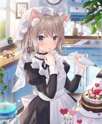 Rule 34 | 1girl, ahoge, animal ear fluff, animal ears, apron, black dress, blue eyes, blurry, braid, brown hair, cake, cat ears, clock, commentary request, depth of field, dress, finger to mouth, flower, food, frills, hat, highres, jar, jimmy madomagi, juliet sleeves, kitchen, long sleeves, looking at viewer, maid, maid apron, medium hair, mob cap, original, picture frame, pink flower, plant, puffy sleeves, rose, solo, wall clock