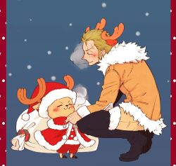 Rule 34 | 2boys, adjusting clothes, antlers, blue background, chabo (niwatori bosori), commentary request, green hair, hat, horns, male focus, multiple boys, one piece, profile, reindeer antlers, roronoa zoro, santa capelet, santa hat, scar, scar across eye, shorts, smile, snow, tony tony chopper