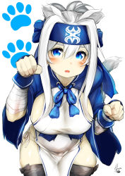 Rule 34 | 10s, 1girl, absurdres, ainu clothes, animal ears, bad id, bad pixiv id, bandages, bandaged arm, bandages, bandana, bent over, blue eyes, blush, breasts, cowboy shot, dog ears, dog tail, fang, folded ponytail, hair between eyes, headband, highres, kamoi (kancolle), kantai collection, large breasts, long hair, long sleeves, looking at viewer, open mouth, panties, paw print, pelvic curtain, side-tie panties, sideboob, sidelocks, solo, tail, thick eyebrows, thighhighs, underwear, white hair, yotaro