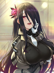 Rule 34 | 1girl, ash arms, black hair, breasts, eyes visible through hair, flower, frills, gloves, hair flower, hair ornament, hair over one eye, highres, ichimasa game, large breasts, long hair, looking at viewer, open mouth, p-61a black widow (ash arms), pink flower, railing, red eyes, smile, solo, stairs, teeth, tongue, upper teeth only, white gloves, white neckwear