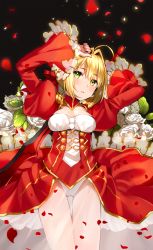 Rule 34 | 10s, 1girl, ahoge, arms up, black background, blonde hair, blush, breasts, cowboy shot, dress, fate/extra, fate (series), frilled sleeves, frills, green eyes, hair intakes, juliet sleeves, leotard, long sleeves, looking at viewer, medium breasts, nero claudius (fate), nero claudius (fate) (all), nero claudius (fate/extra), parted lips, petals, puffy sleeves, red dress, see-through, sidelocks, solo, standing, tan (tangent), thigh gap, thighs, white leotard