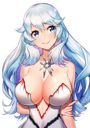 Rule 34 | 1girl, ahri (ari 30305), arms behind back, artemis (fate), bare shoulders, blue eyes, blush, breasts, cleavage, closed mouth, collarbone, dress, fate/grand order, fate (series), hair between eyes, jewelry, large breasts, long hair, looking to the side, necklace, simple background, smile, solo, swept bangs, white background, white dress, white hair