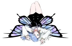 Rule 34 | 1girl, aneco (westsea1227), bare legs, blue eyes, blue hair, blue nails, breasts, butterfly wings, commentary, commission, dangle earrings, earrings, english commentary, full body, gold earrings, highres, indie virtual youtuber, insect wings, jewelry, knees up, long hair, looking at viewer, lying, medium breasts, monarch (amalee), multicolored hair, nail polish, neck ribbon, on back, parted lips, puffy sleeves, ribbon, simple background, solo, split-color hair, two-tone hair, upside-down, v-shaped eyebrows, virtual youtuber, white background, white hair, wings