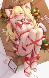 Rule 34 | 1girl, animal ears, antlers, armpits, arms up, bad id, bad pixiv id, blonde hair, box, breasts, closed mouth, deer ears, heart, heart-shaped pupils, highres, horns, kojo (0124), large breasts, long hair, looking at viewer, lying, naked ribbon, nipples, on back, original, red eyes, red ribbon, restrained, ribbon, solo, suggestive fluid, symbol-shaped pupils, thighs, toes