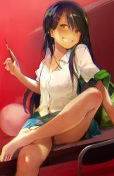 Rule 34 | 1girl, barefoot, black hair, blue skirt, blush, borrowed character, breasts, chair, chromatic aberration, cleavage, desk, fang, feet, green bag, grin, hair ornament, hairpin, hougu souji, ijiranaide nagatoro-san, leg up, light, long hair, looking at viewer, nagatoro hayase, on desk, pencil, red background, shirt, sitting, on desk, skin fang, skirt, small breasts, smile, solo, tan, toes, unbuttoned, unbuttoned shirt, white shirt, yellow eyes