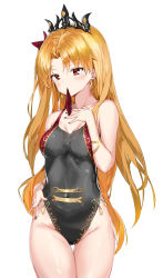 Rule 34 | 1girl, alternate costume, bare shoulders, black one-piece swimsuit, blonde hair, blush, breasts, collarbone, commentary request, earrings, ereshkigal (fate), fate/grand order, fate (series), hair ribbon, highres, jewelry, long hair, looking at viewer, one-piece swimsuit, parted bangs, pixel (yuxian), red eyes, ribbon, simple background, solo, swimsuit, tiara, two side up, white background