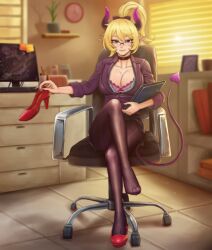 Rule 34 | 1girl, averysai, breasts, chair, demon girl, demon horns, demon tail, feet, high heels, horns, large breasts, non-web source, office chair, office lady, original, solo, swivel chair, tail, virtual youtuber