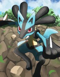 Rule 34 | absurdres, cloud, commentary request, creatures (company), day, falling, falling leaves, game freak, gen 4 pokemon, highres, jira (ziraiya26), leaf, lucario, nintendo, outdoors, pokemon, pokemon (creature), red eyes, sky, solo, spikes, yellow fur