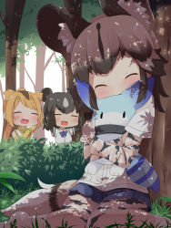 Rule 34 | 10s, 3girls, ^ ^, african wild dog (kemono friends), animal ears, bear ears, brown bear (kemono friends), circlet, closed eyes, covered mouth, dappled sunlight, day, dog ears, dog tail, elbow gloves, gloves, golden snub-nosed monkey (kemono friends), grass, high ponytail, highres, kemono friends, long hair, lucky beast (kemono friends), makuran, multicolored hair, multiple girls, nature, open mouth, orange hair, outdoors, ponytail, shirt, short hair, shorts, sunlight, tail, tree, under tree, | |