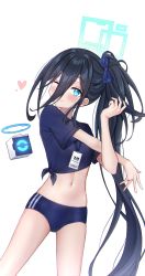 Rule 34 | 1girl, ;), absurdres, aris (blue archive), black hair, blue archive, blue eyes, blush, buruma, commentary request, drone, gym shirt, gym uniform, hair between eyes, hair ribbon, halo, highres, long hair, long hair between eyes, looking at viewer, navel, official alternate costume, one eye closed, reneua, ribbon, shirt, short sleeves, side ponytail, sidelocks, simple background, smile, solo, stomach, stretching, white background