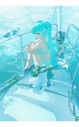 Rule 34 | 1girl, animal, aqua theme, bare shoulders, bikini, bird, blue eyes, blue hair, boat, breasts, closed mouth, commentary, hair between eyes, hair ornament, hatsune miku, highres, hugging own legs, long hair, looking away, looking to the side, outdoors, rope, sitting, small breasts, solo, sunlight, swimsuit, twintails, very long hair, vocaloid, water, watercraft, zzz zhi he
