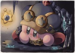 Rule 34 | 1boy, belt, blue headwear, border, cave interior, colored skin, commentary request, compass, crystal, goggles, goggles on head, highres, k aron33, kirby, kirby (series), nintendo, pink skin, pouch, stalactite, stalagmite, star (symbol), tears, translation request, white border