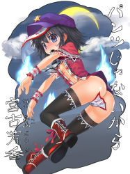 Rule 34 | 1girl, ass, beret, black hair, black thighhighs, blue eyes, blue hair, blush, boots, bottomless, breasts, cloud, crescent, crescent moon, female focus, hat, highres, hitodama, jiangshi, looking back, maebari, matching hair/eyes, miyako yoshika, moon, no bra, ofuda, open clothes, open mouth, open shirt, outstretched arms, patorishia, patricia (stylish marunage), purple eyes, shirt, short hair, small breasts, solo, star (symbol), they&#039;re not panties, thighhighs, touhou, wrist cuffs, zombie pose