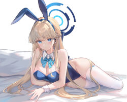 Rule 34 | 1girl, animal ears, arm rest, bare shoulders, bed sheet, blonde hair, blue archive, blue bow, blue eyes, blue hairband, blue leotard, bow, bowtie, braid, breasts, cleavage, closed mouth, detached collar, fake animal ears, full body, hairband, halo, highleg, highleg leotard, highres, leotard, long hair, lying, medium breasts, official alternate costume, official alternate hairstyle, on side, pillow, playboy bunny, rabbit ears, smile, solo, sora01o, thighhighs, thighs, toki (blue archive), toki (bunny) (blue archive), very long hair, white thighhighs, wrist cuffs